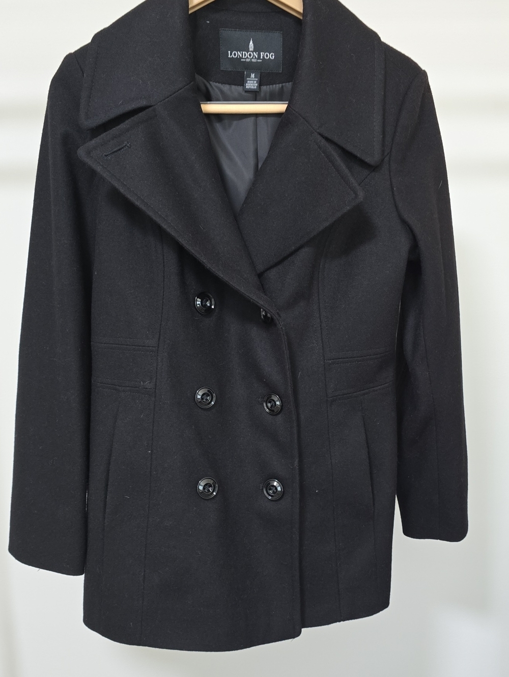 London Fog Black Double-Breasted Peacoat with Notch Lapel